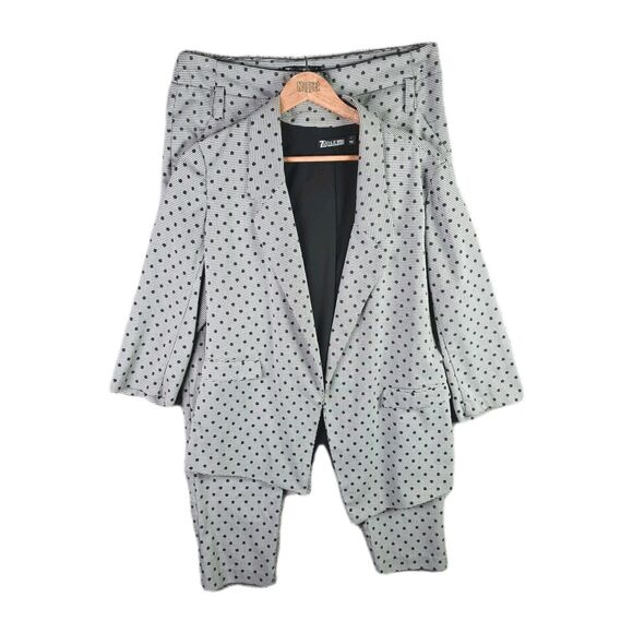 7th Avenue Design Studio Pant Suit 14 Grey Black Polka Dot Ruched Sleeve Stretch - Picture 1 of 16